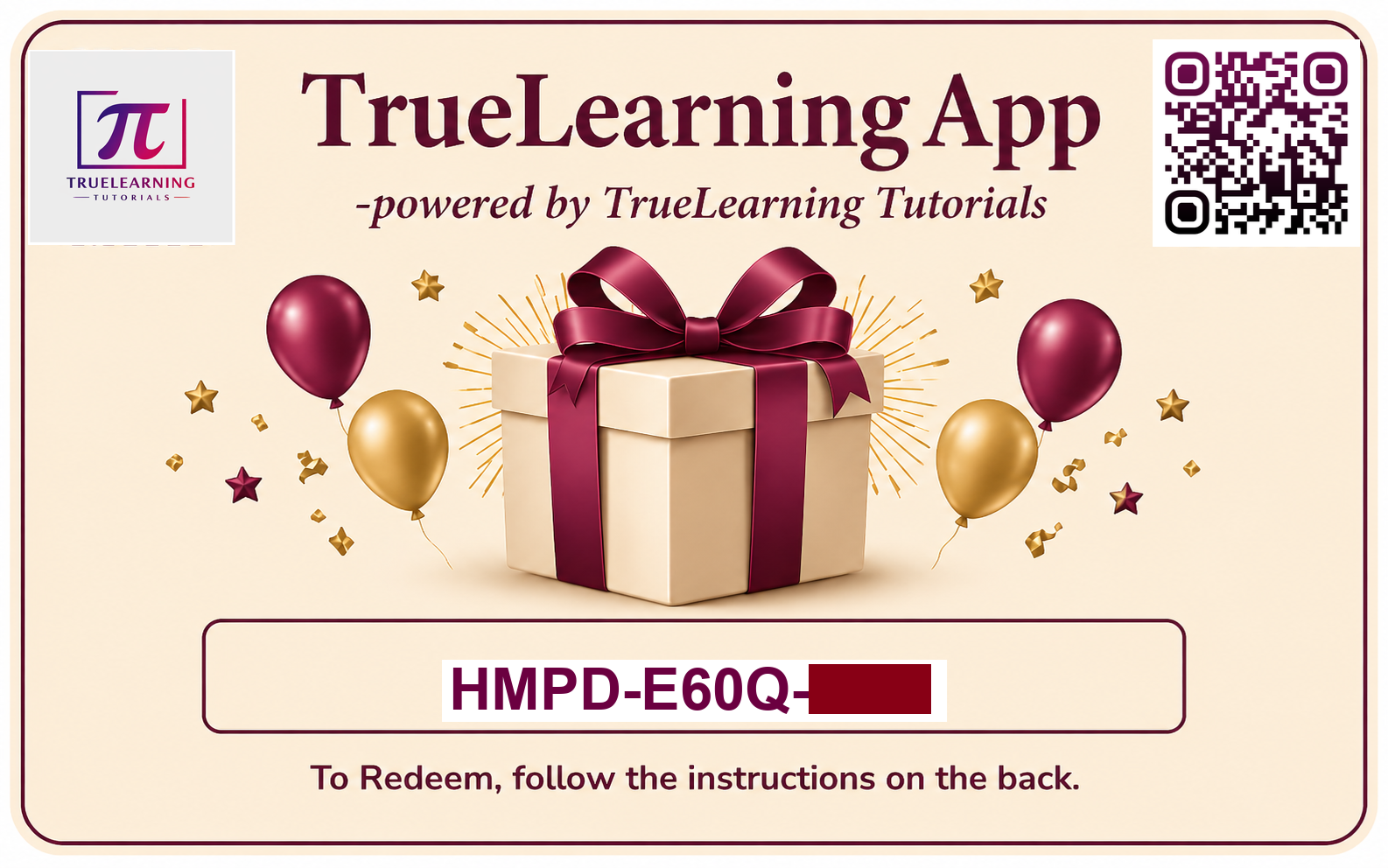 Front side of the TrueLearning App Gift Card with gift box, balloons, QR code, and redeem code