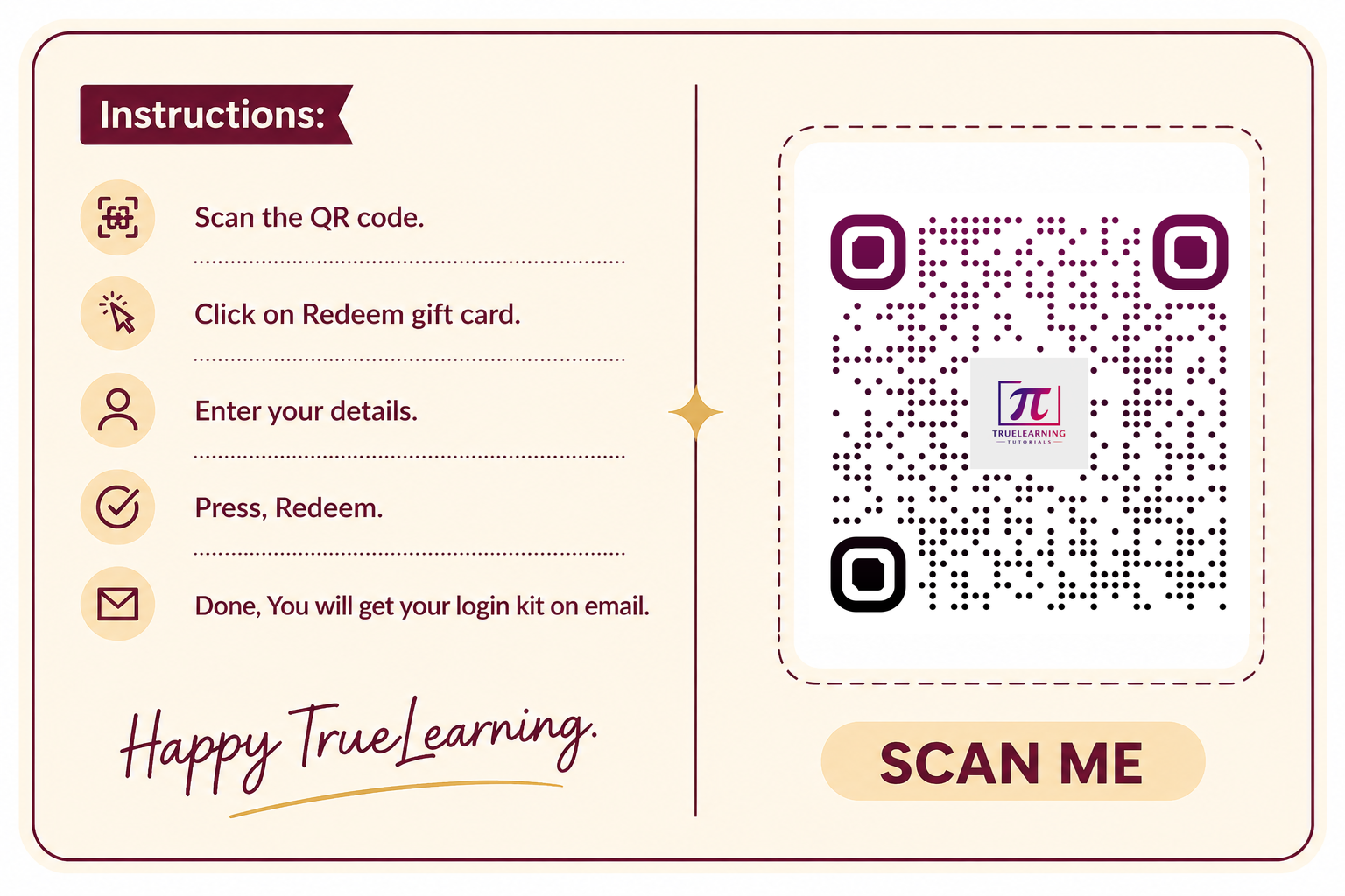 Back side of the TrueLearning App Gift Card showing QR code and redeem instructions