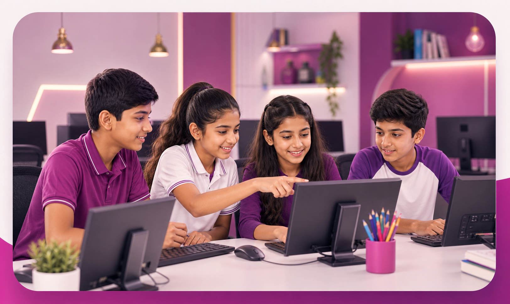 Four students learning computer skills together in a modern classroom